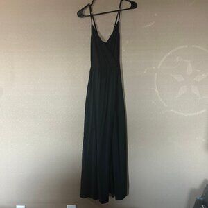 Black V-Neck Long Dress with Leg Slit - Large